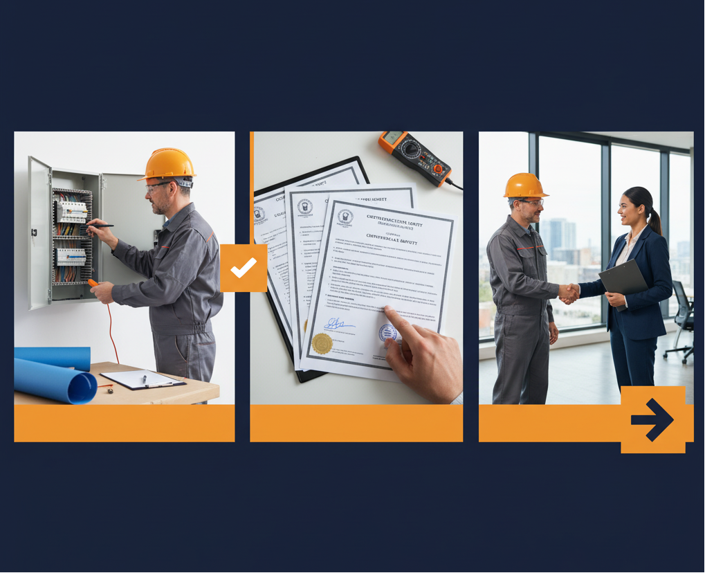 Licensed Electrician Using a Multimeter to Test a Circuit Breaker in a Panel