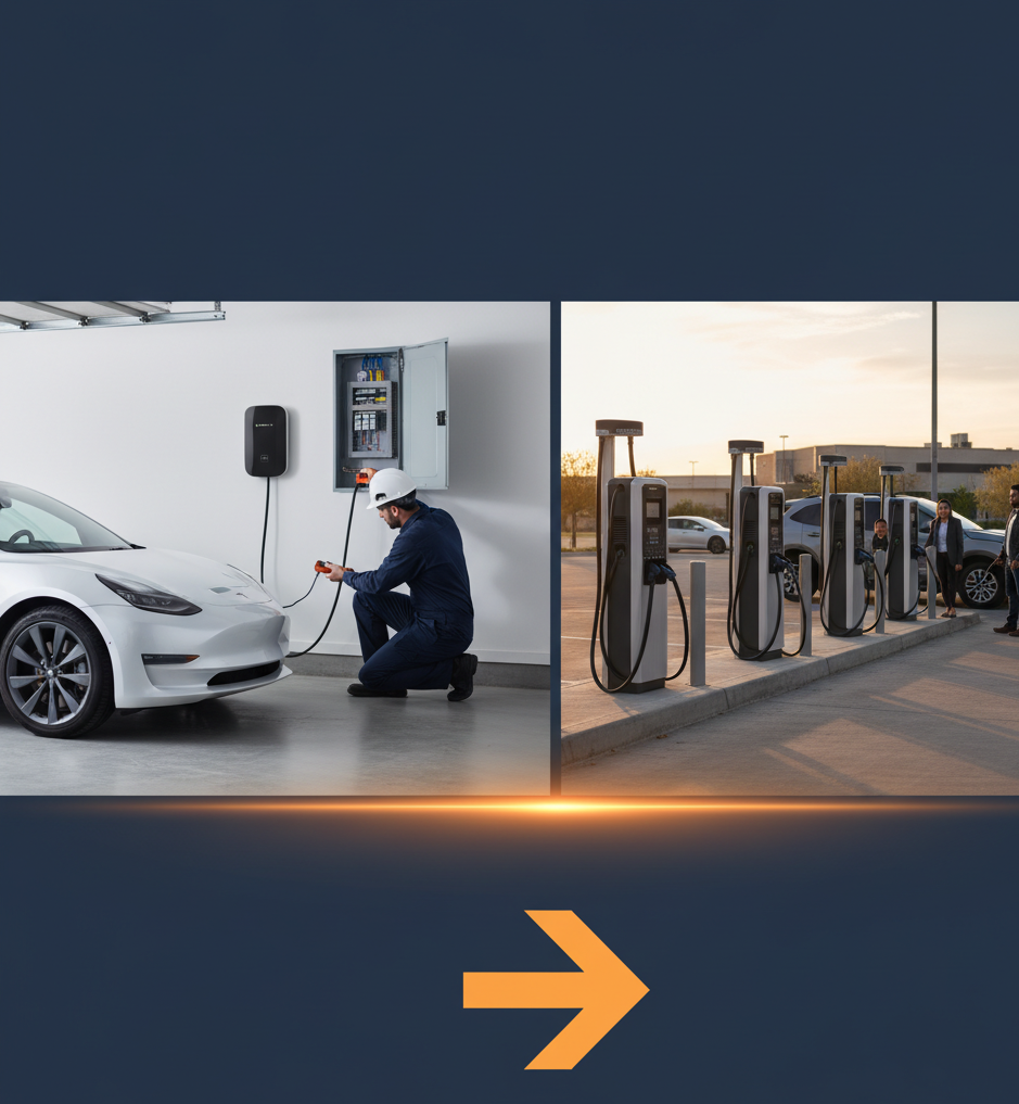 EV Charger Installed on Garage Wall with Plug Connected to Electric Car