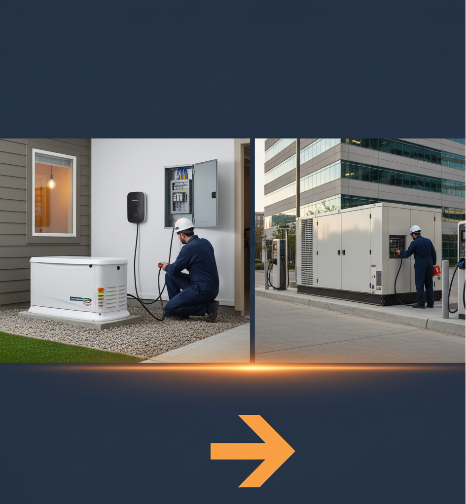 Large Standby Generator Unit Outside a Building with Transfer Switch Visible